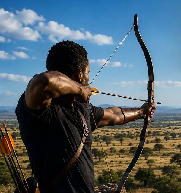 Un archer bande son arc et vise au loin au-dessus de la savane