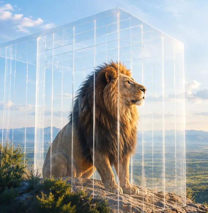 Un lion assis dans un cube de verre ouvert, tourné vers l'horizon