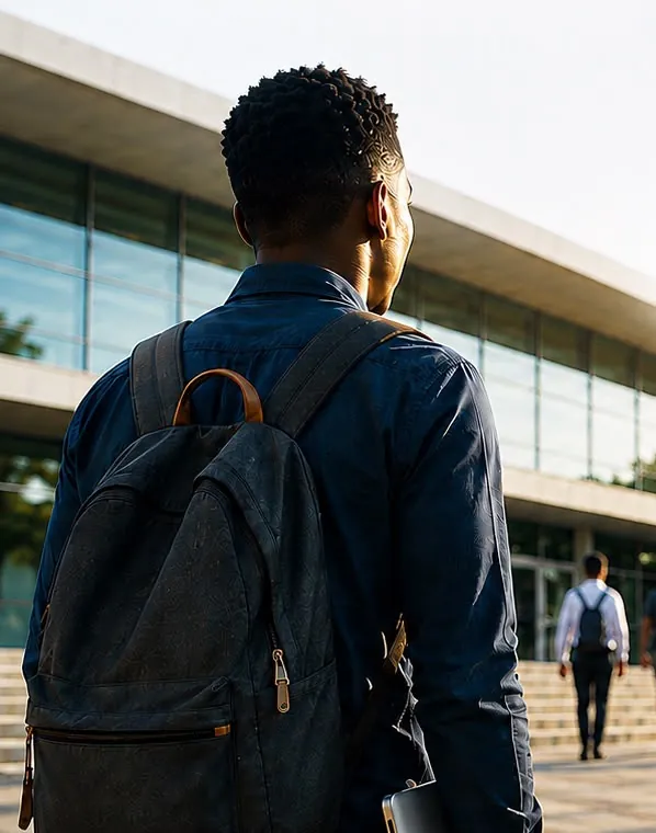 Un étudiant sac au dos se dirige vers un campus moderne