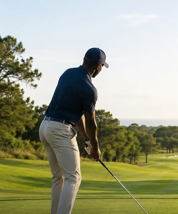 Un golfeur concentré avant sa frappe sur un fairway