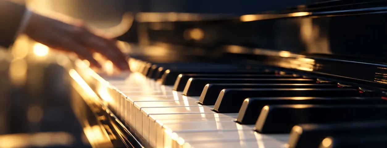 Les mains d'un pianiste sur un clavier de piano à queue, dans une lumière dorée