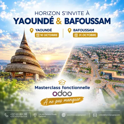 Affiche de la masterclass fonctionnelle Odoo : Yaoundé le 10 octobre, Bafoussam le 31 octobre